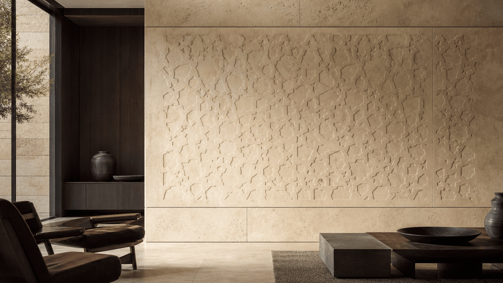 Illustrative residential interior concept with a carved limestone feature wall