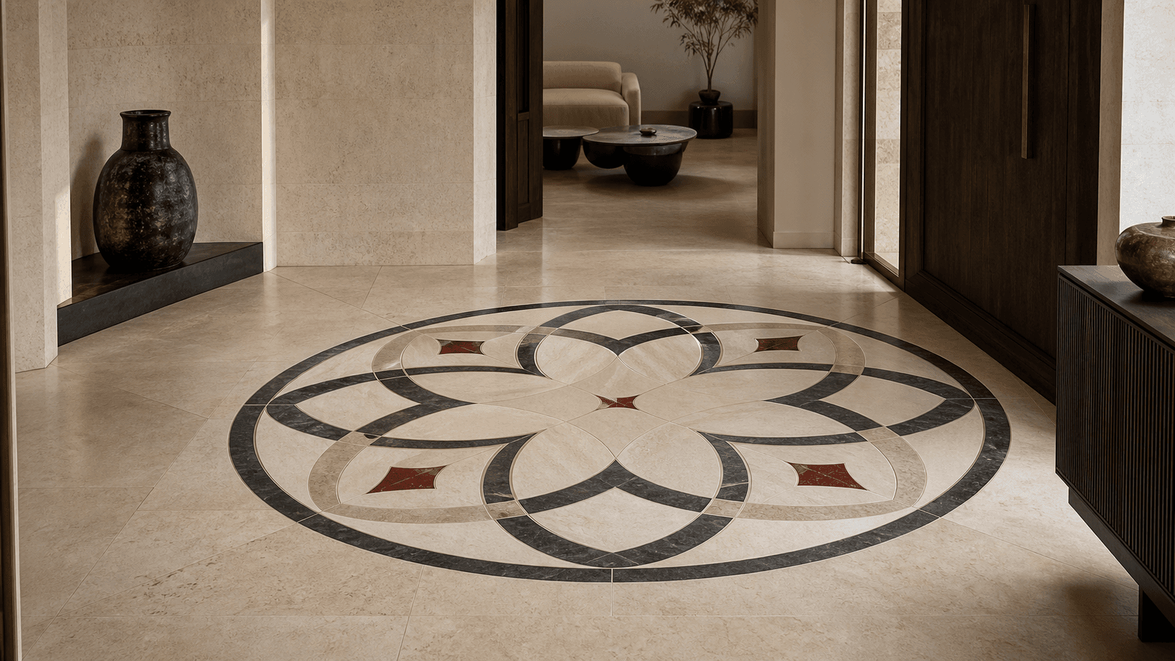 Illustrative residential interior concept with a geometric marble floor medallion
