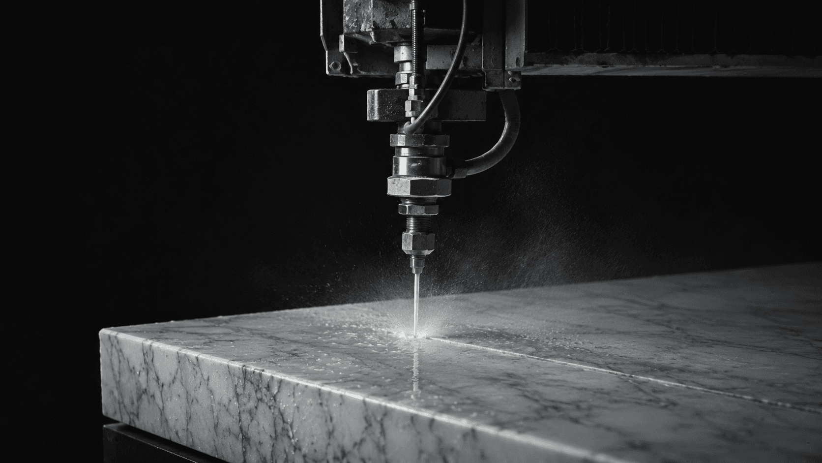 Waterjet cutting head in operation on a marble slab — illustrative study