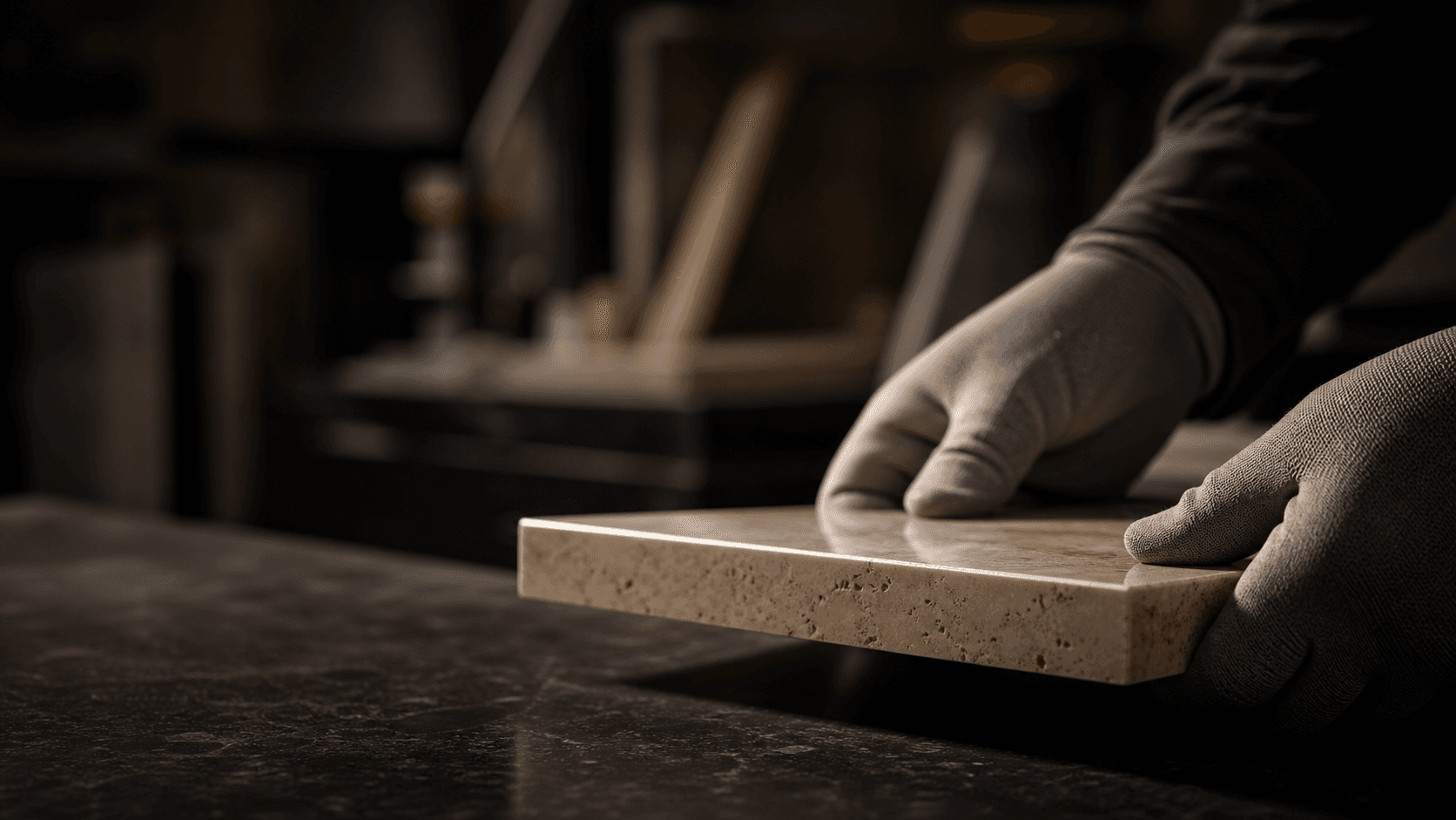 Illustrative study of a fabricated stone edge being inspected