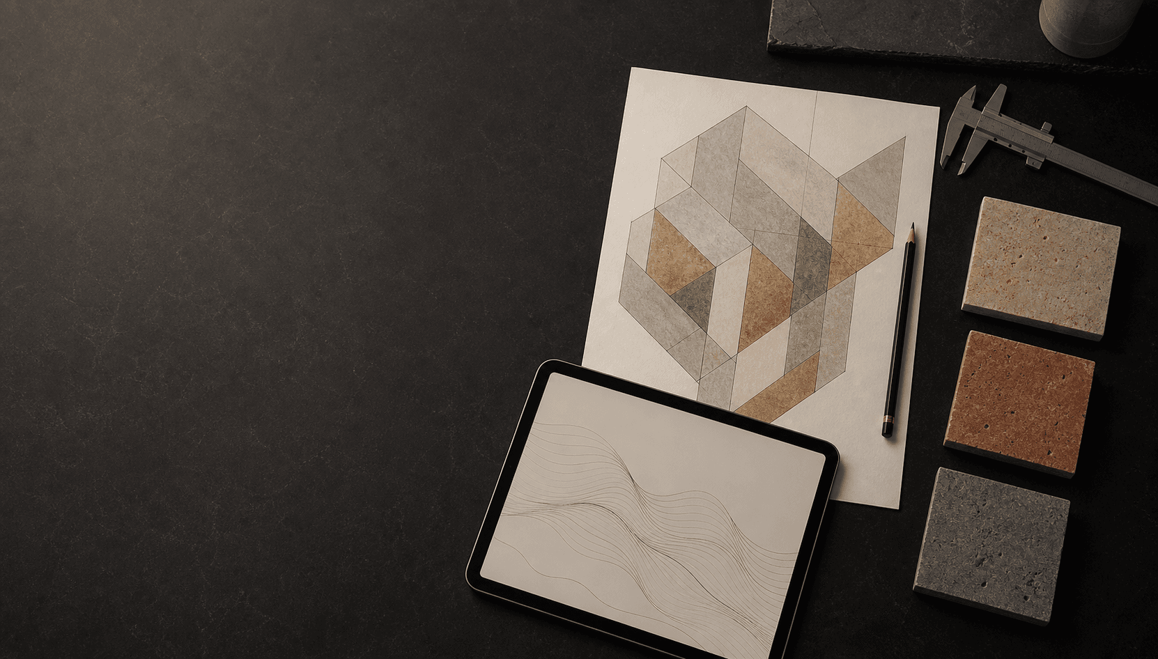 Illustrative design drawings and stone samples